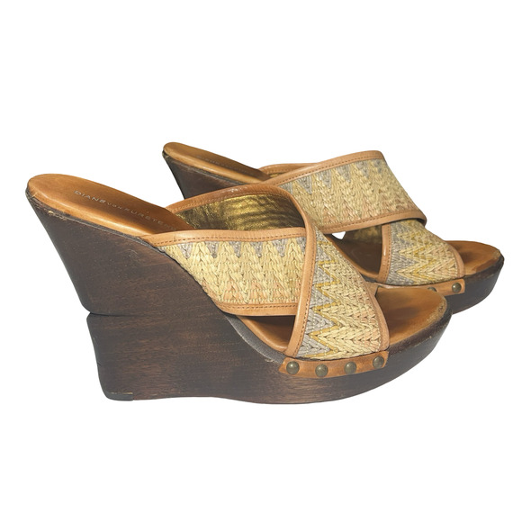 Diane von Furstenberg Shoes Womens Size 9.5 Brown Wedge Platform Sandals Raffia - Picture 2 of 10